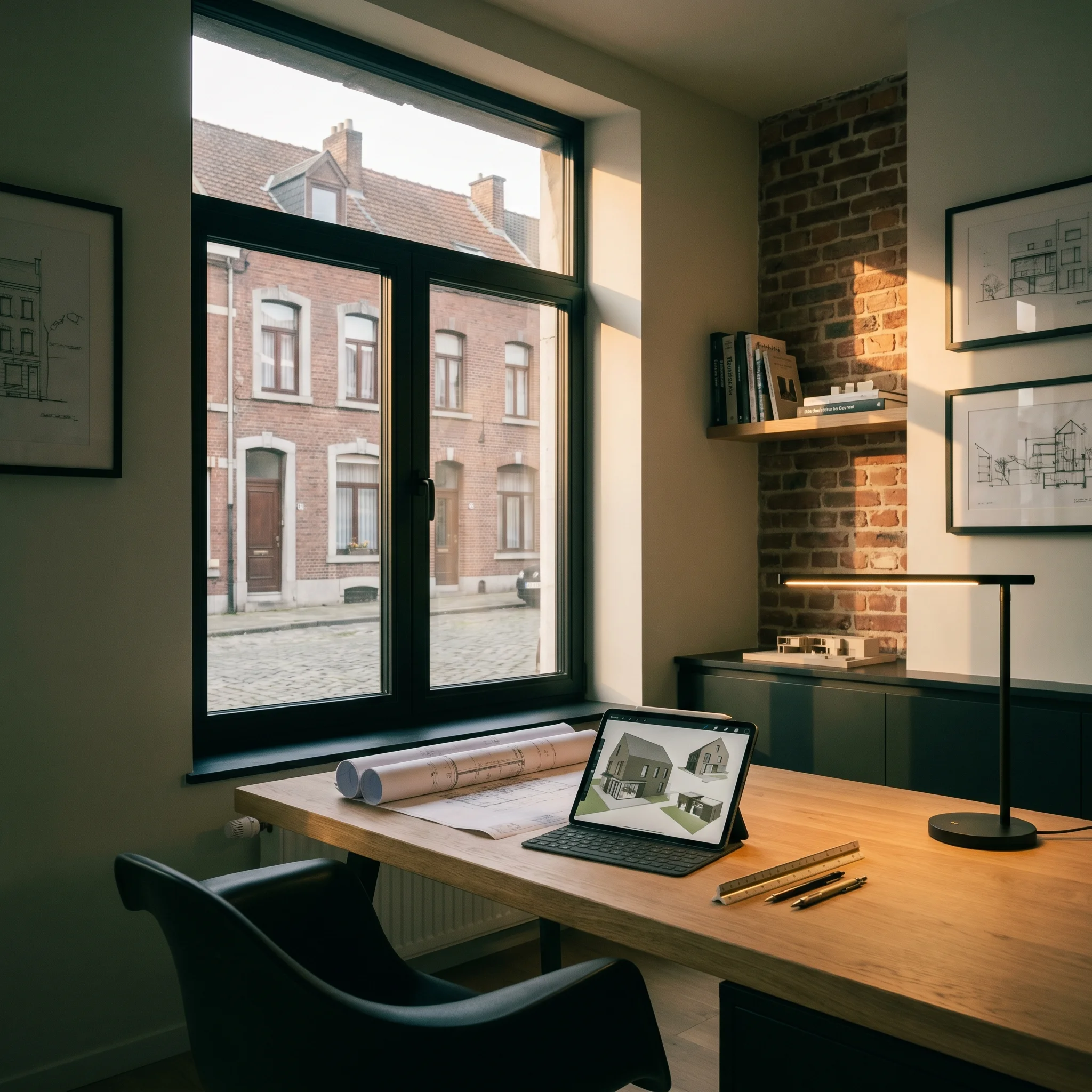 Bureau d'architecte belge au coucher du soleil, plans et tablette sur un bureau en chêne