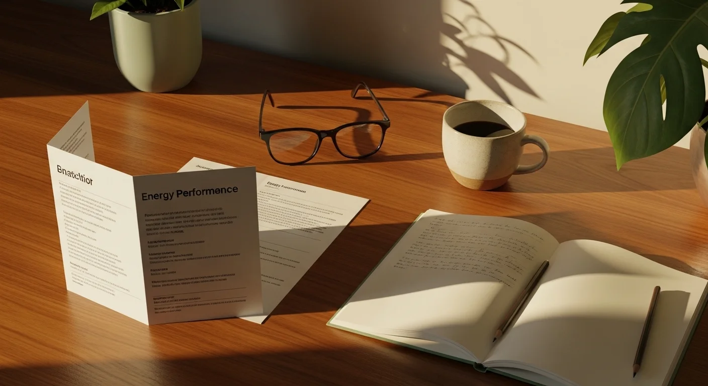 Espace de lecture avec document PEB, lunettes et café au coucher du soleil