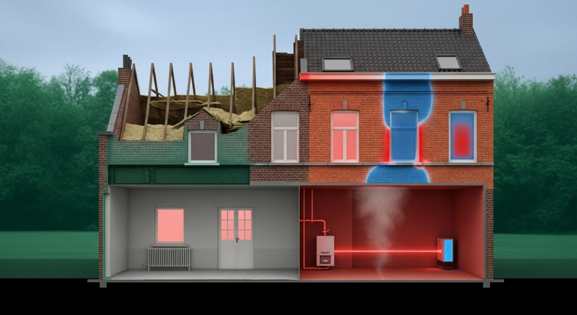 Coupe d'une maison belge en briques rouges révélant plusieurs problèmes énergétiques typiques : isolation toiture manquante, simple vitrage, chaudière mazout au sous-sol, ponts thermiques et fuites de chaleur visibles en infrarouge