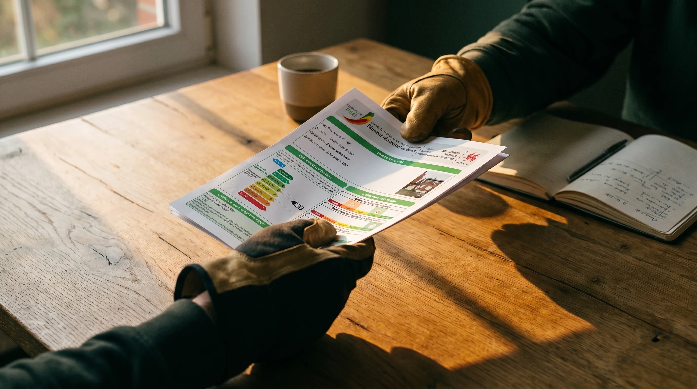 Artisan examinant un rapport PEB