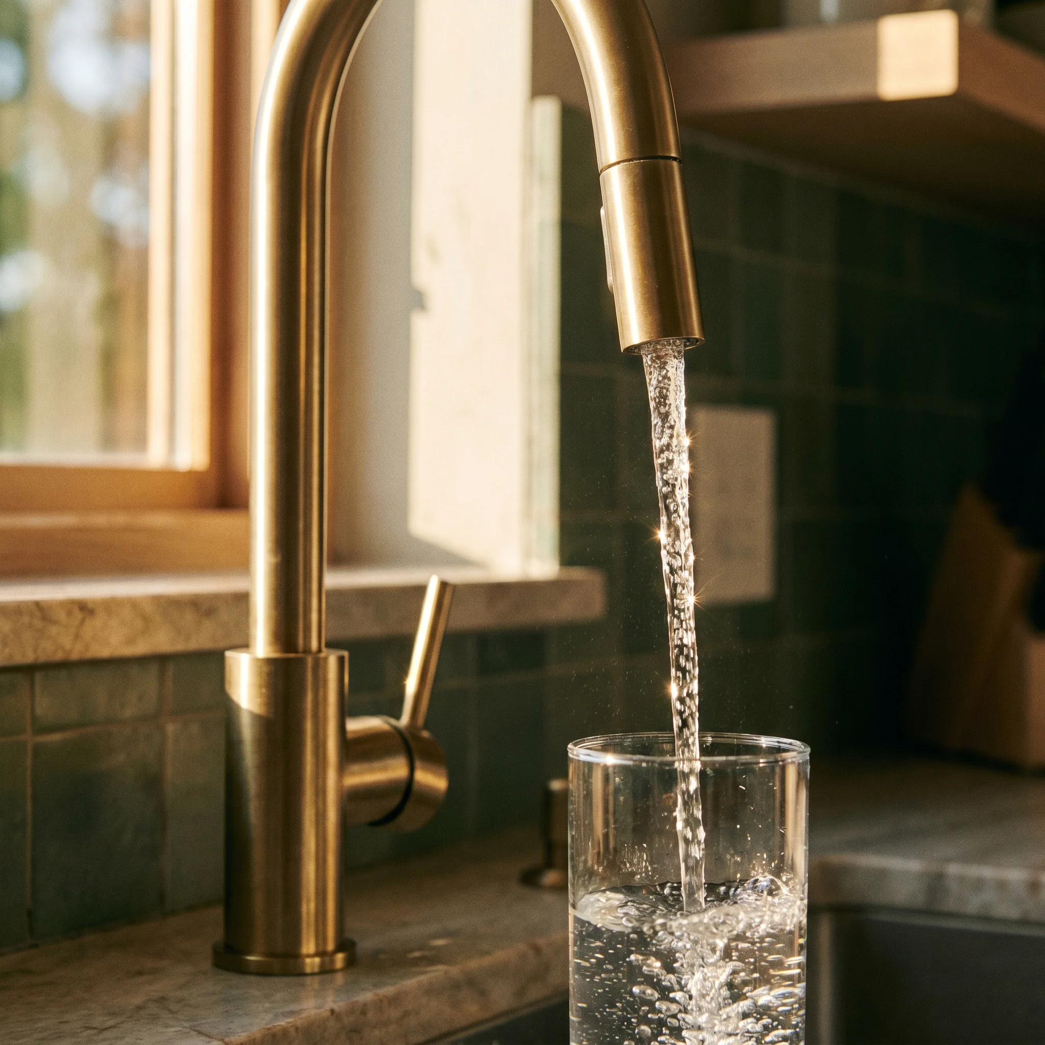Eau propre coulant d'un robinet moderne en cuisine belge