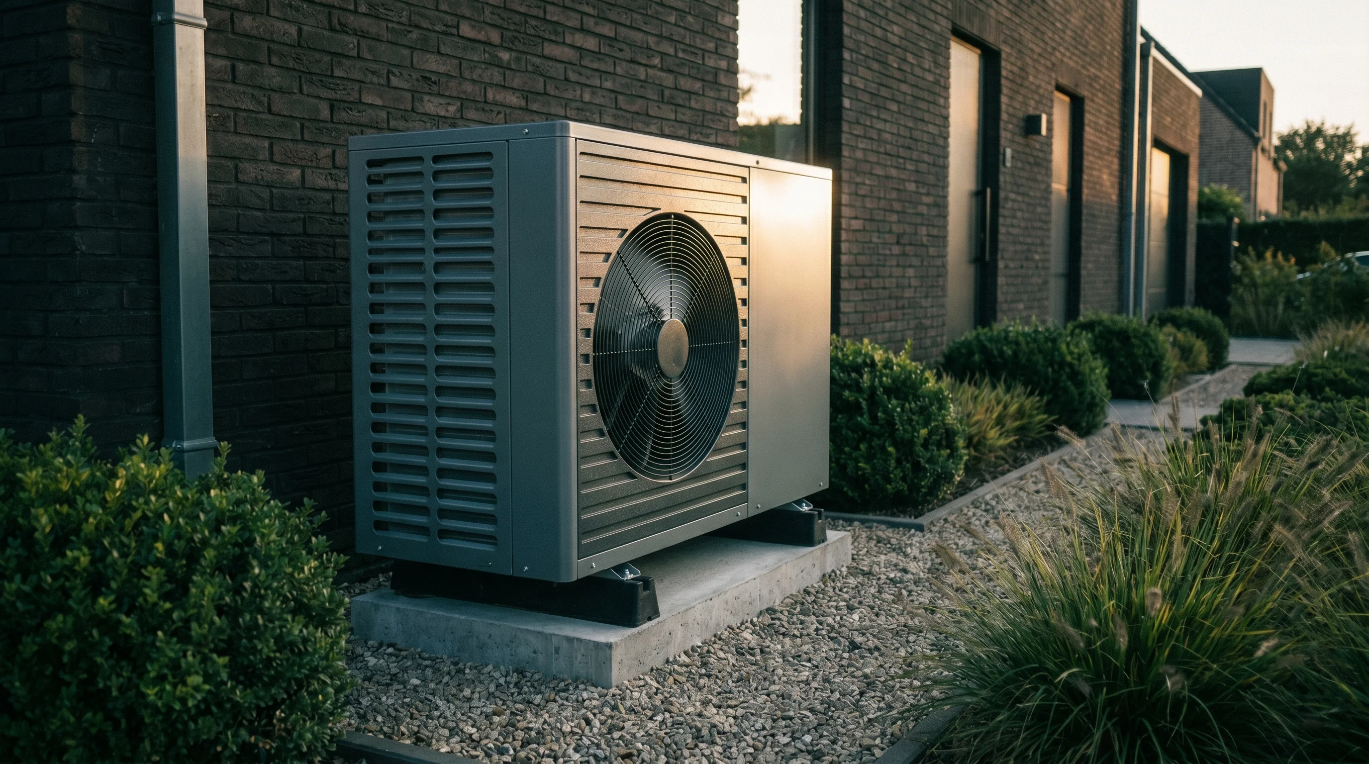 Pompe à chaleur moderne installée à l'extérieur d'une maison belge